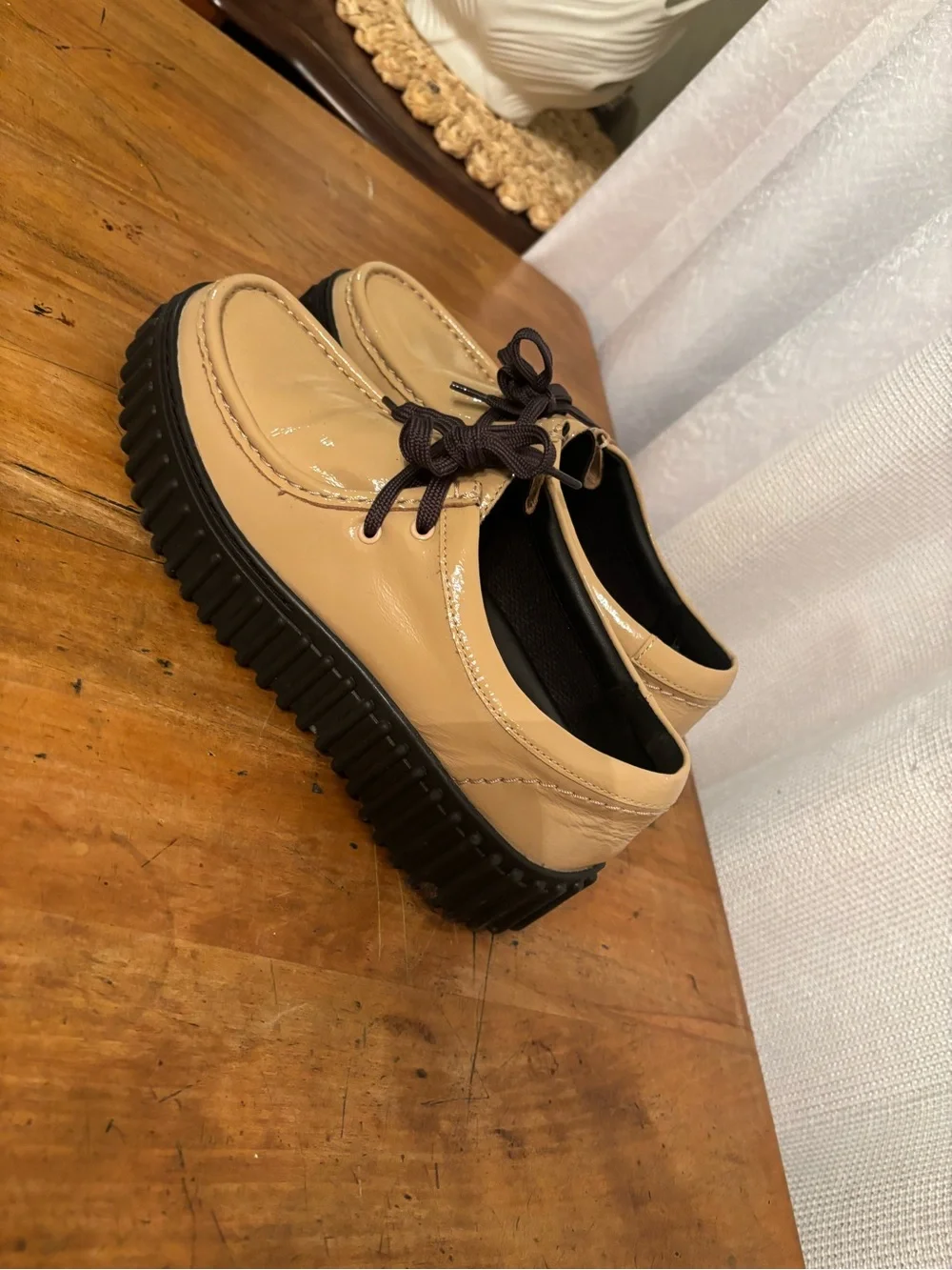 Clarks Beige Patent Platform Oxfords with Black Lug Sole